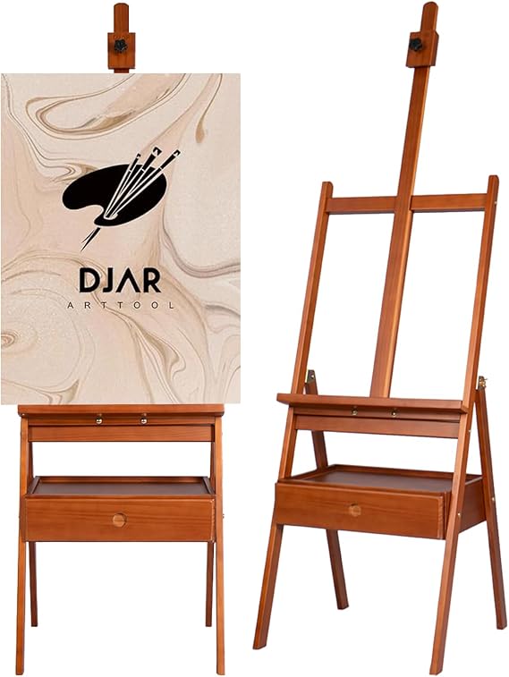 DJAR Medium Wooden H-Frame Art Easel with Storage Drawer, Walnut