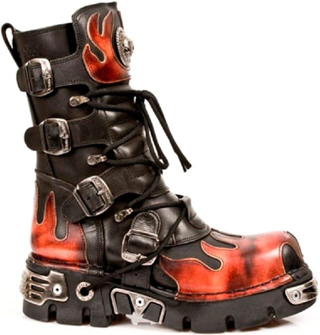 New Rock Newrock 591-S1 Red Flame Metal Black Leather Heavy Punk Gothic Boots