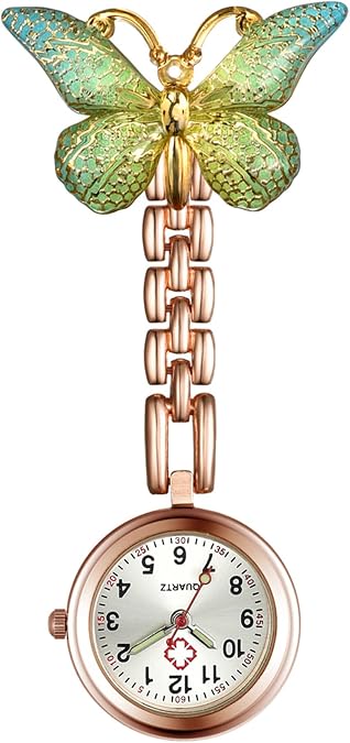 Aroncent Pin-On Hanging Nurse Watch: Easy to Read with Butterfly Decoration and Secondhand Stethoscope - Lapel Fob Pocket Badge Watches for Doctor Nurse - Green