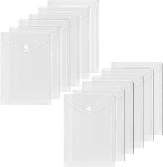 Toplive File Folders, 12 Packs Plastic Envelopes A4 Letter Size Waterproof Poly Envelopes Folders with Hook & Loop Fastener for Documents Office School Supplie, Transparent