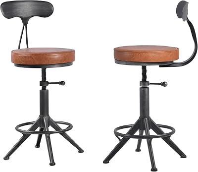LOKKHAN American Antique Steampunk Bar Stool with Backs 17.72-21.65 Vintage Industrial Adjustable Swivel Counter Stool for Home, Dining, Breakfast, Pub, Office, Heavy Duty,Silver Grey & Brown