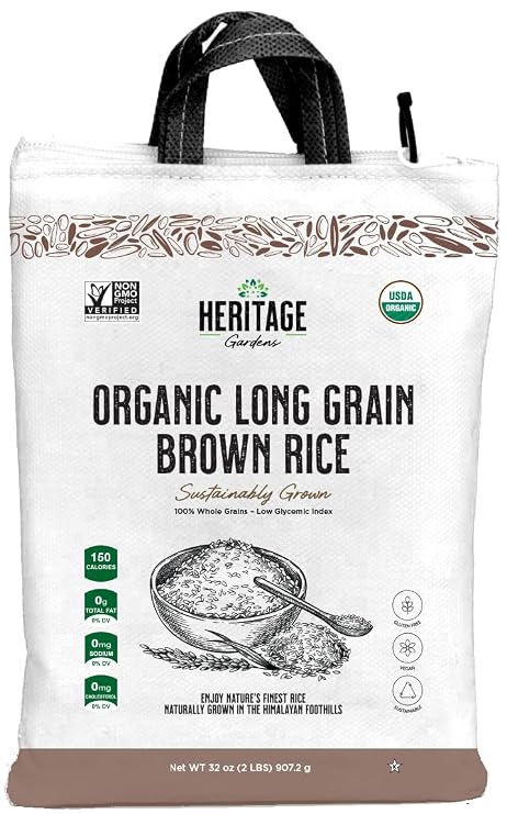 Heritage Gardens Organic Long Grain Brown Rice 80 oz (5 lb) Whole Grain, Non-GMO, Gluten Free, Low-Arsenic, High Fiber Himalayan Grown Everyday Brown Rice