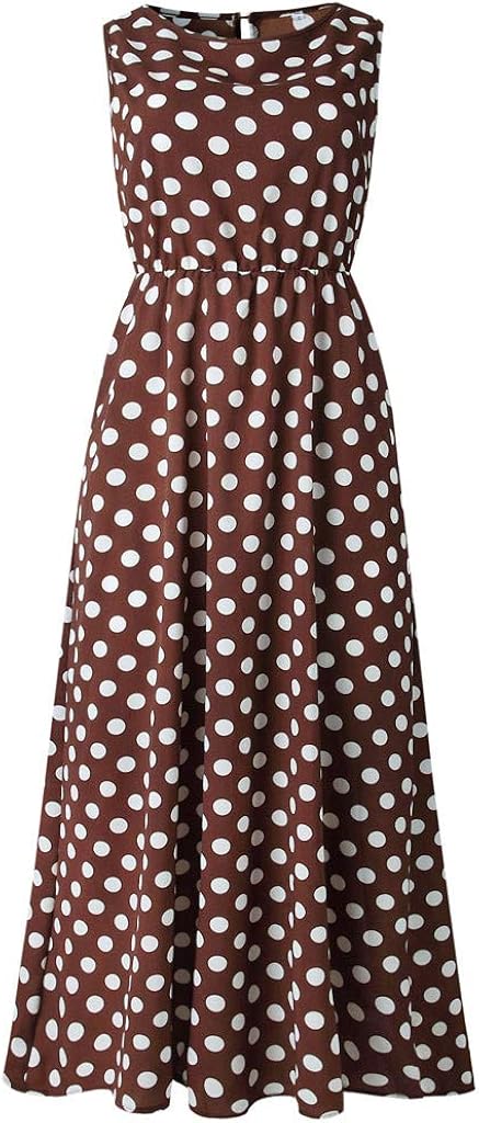 CJHDYM Maxi Dress for Women Sexy Tank Sundress Boho Polkadot Print Summer Sleeveless O-Neck Party Long Dress Beach Sundress