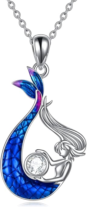 Mermaid Necklace 925 Sterling Silver Blue Mermaid/Unicorn Pendant Ocean Jewelry Gift for Women Girls Daughter