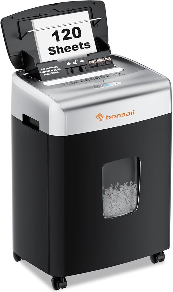 Bonsaii 120-Sheet Autofeed Micro-Cut 30-Min Run Heavy Duty Paper Shredder | P-4 Security Level, Jam-Proof, 62dB Ultra-quiet, Shreds Staples/Credit Cards, 6 Gal Bin with Casters, for Home Office C233-B