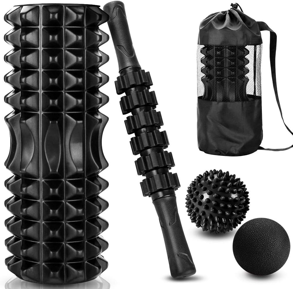 4 in 1 Black Foam Roller & Massage Stick Set Deep Tissue Foam Roller Kit with 2 Massage Balls and A Massage Roller Stick for Fitness, Yoga, Relaxation, and Pilates