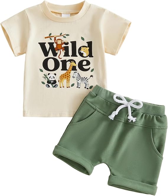 Wild One Baby Boy 1st Birthday Outfit Jungle Safari Animals Short Sleeve T-Shirt Tops Shorts Pants Set Summer Clothes