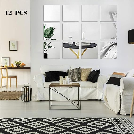 Square Mirror Wall Stickers, 12Pcs Self Adlhesive Removable 3D Acrylic Mirror Wall Sheet Plastic Mirror Tile, Art DIY Home Decorative for Living Room Sofa TV Background Bedroom Wall Decoration (20 cm)