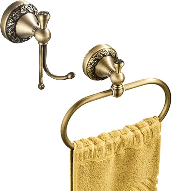 Flybath Oval Towel Ring with Towel Hook Set Wall Mounted Antique Brass Vintage Bathroom Accessories Exquisite Pattern Carving Design, Brushed Bronze