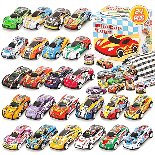 SevenQ Toy Cars for Kids, 24Pcs Race Cars Pull Back Cars Playsets with Storage Bags,Party Favors Kids Prizes Fillers Bulk Gifts for Boys and Girls Car Game Treasure Chest