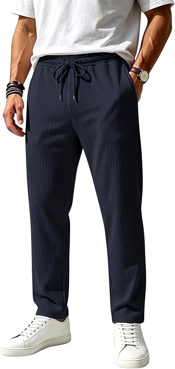 Mens Striped Sweatpants Baggy Wide Leg Casual Pants Loose fit with Elastic Waist and Pockets