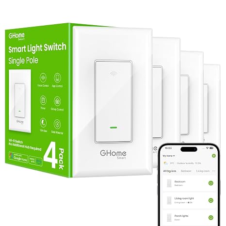 GHome Smart Switches for Lights, Single Pole WiFi, Works with Alexa, 4 Pack