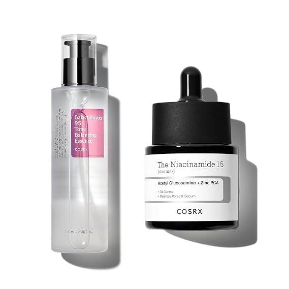 COSRX Morning Skin Care Routine- Daily Essential Galactomyces Balancing Essence & Niacinamide 15% Serum, Korean Skin Care