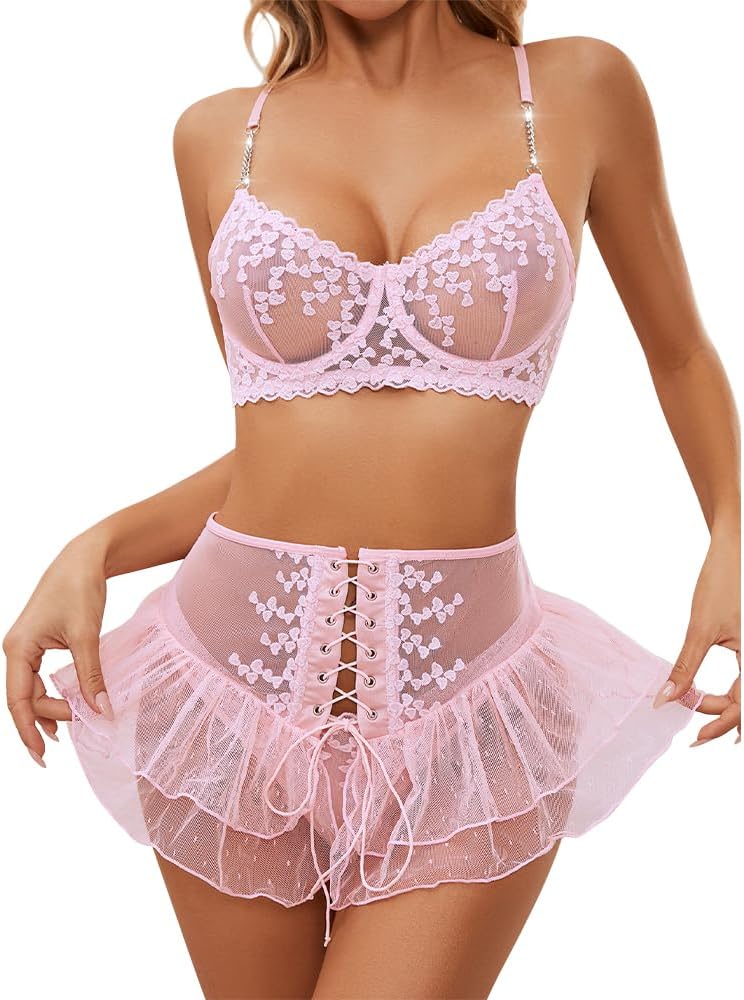 Satohom Lingerie Set Tips Women Sexy Underwear Outfits 3 Piece Transparent Baby Curvy Lingerie Set Tips Push Up BH Mini Mesh Rock Transparent Slips Women Lace Valentines Day Rice Walls