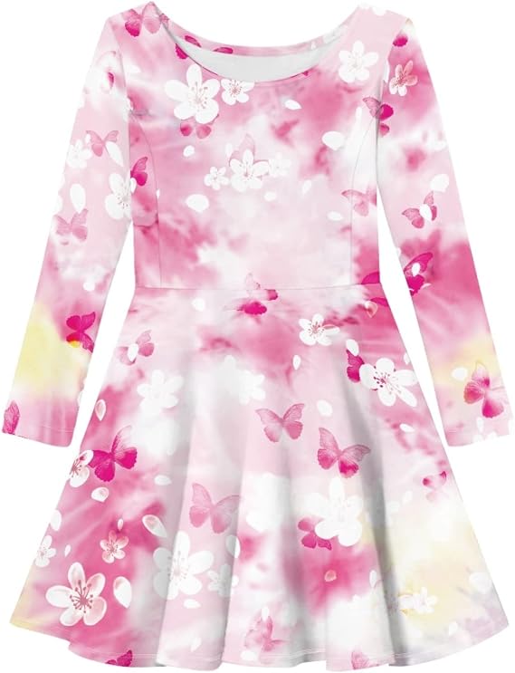 Girls Flowy Long Sleeve A Line Skater Dress Kids Round Neck Holiday Party Swing T Shirt Dress
