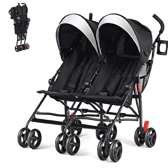 HONEY JOY Double Umbrella Stroller, Side by Side Lightweight Baby Stroller w/ 5-Point Safety Harness, Adjustable Canopy & Storage Bag, Travel-Friendly Fold, Compact Twin Stroller for Infant (Black)