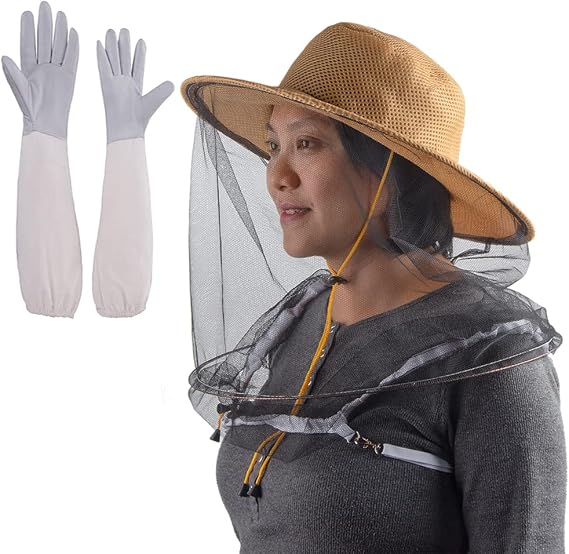 2 In 1 Beekeeping Beekeeper Protection Gloves and Bee Veil Hat Mosquito Mesh Cap for Men Women
