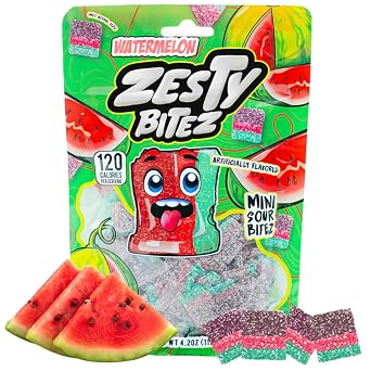 Zesty Bitez Watermelon Sour Candy Belt Bites, Mini Sour Belts, Tangy Chewy Fruit Snacks, Vegan Friendly, Resealable Bag, 4.2 oz