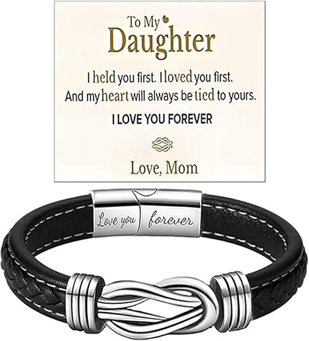 To My Daughter Love You Forever Bracelet, Mother and Daughter Braided Leather Inspirational Wristband Stainless Steel Infinity Knot Engraved Bangle Gift from Mom