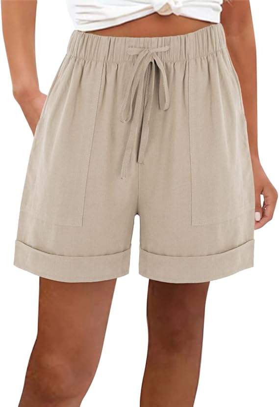 Women Summer Shorts Casual Trendy Wide Leg Pocket Comfy Beach Short Pants Drawstring Waist Bermuda