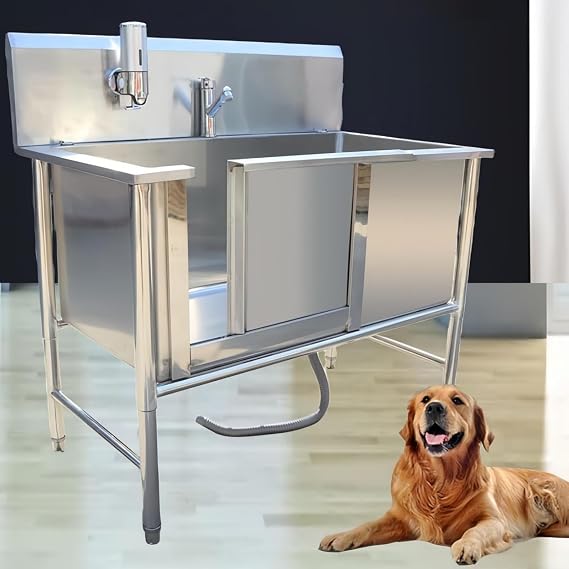 Dog Bath Dog Bath Tub, Large Dog Bathtub, Dog Grooming Bathtub, 304 Stainless Steel, Thick Hand, Durable, Wear-Resistant, Multi-purpose, Sliding Door Faucet, Easy to Clean, Dog Bath, Washing Sink, Pet