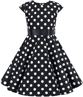 Girls Vintage Polka Dot Dress 1950s Retro Rockabilly Audrey Hepburn Dress for Toddler Kids Summer Cap Sleeveless Casual Birthday Wedding Party Prom A Line Swing Sundress with Belt Black 4-5 Years