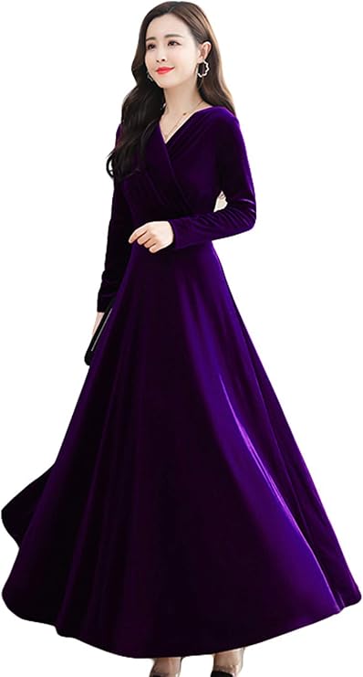 ZHONGJUE Women's Long Dress Long Sleeve Cache-cœur V-Neck Velvet Elegant Dress for Wedding Formal Party Dress Plus Size