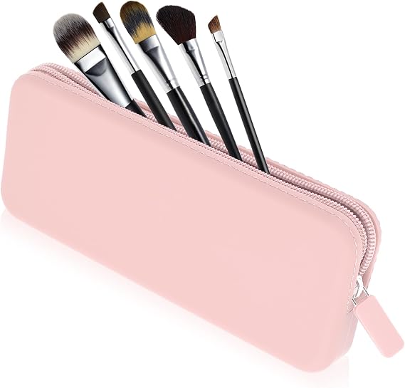 Sakolla Travel Makeup Brush Holder, Silicone Makeup Brush Bag with Zipper Closure, Makeup Brushes Organizer Case Washable Makeup Pouch Holder Case for Daily, Work, Essentials(Pink)