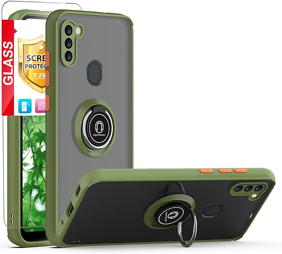 TJS Compatible with Samsung Galaxy A11 Case, with [Tempered Glass Screen Protector][Metal Ring][Magnetic Support] Defender Kickstand Heavy Duty Drop Protector Cover Phone Case (Green)