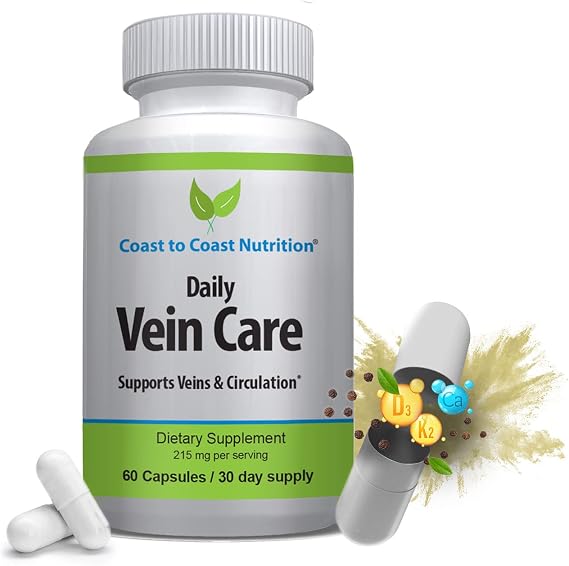 Daily Vein Care Supplement Capsules Circulation Formula with a Natural Blend of Calcium, Vitamin D3, Vitamin K2 Plus BioPerine for Max Absorption Vein Formula 60 Capsules