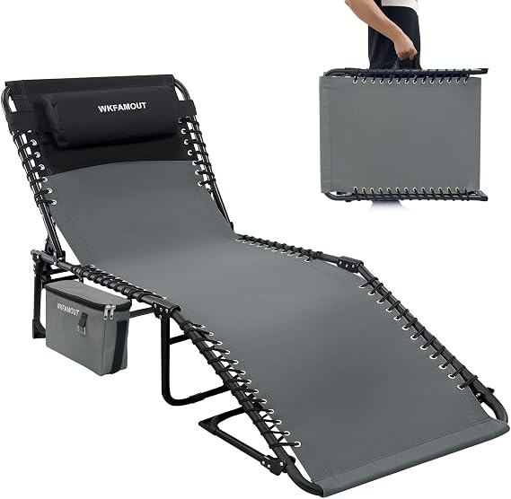Folding Lounge Chair Outdoor with Insulated Cooler Bag Portable for Outside Patio Chaise Lounge Chair 5-Position with Pillow for Beach Sunbathing Pool Camping Lawn