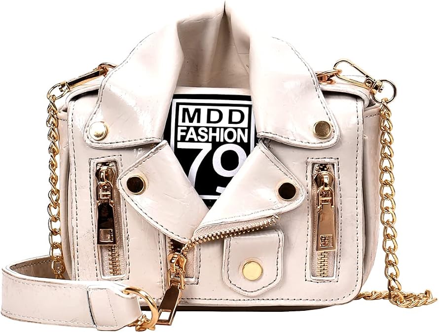Women Crossbody Bags Chain Shoulder Jacket Bags Motorcycle Messenger Bag Leather Handbags for Girls Purse (White)