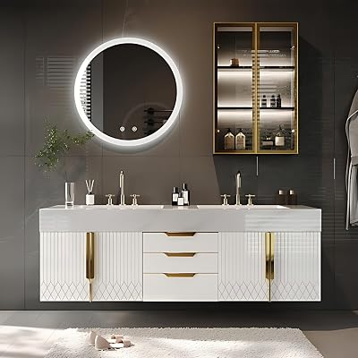 Bathroom Vanity with Sink - Elegant Double Sink Bathroom Vanity Cabinet & LED Defog Mirror, Modern Floating Vanity with Multi-Layer Solid Wood Material, Wall Mounted White, 60