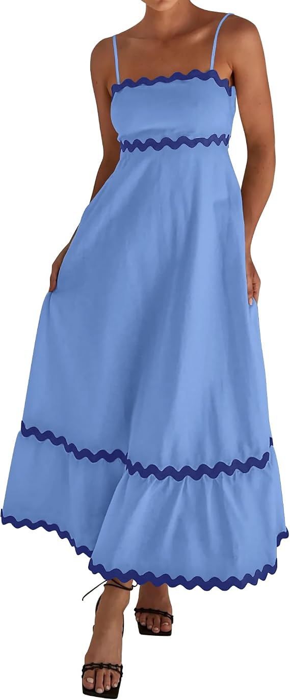 dowerme Women Summer Dresses 2026 Spaghetti Straps Sleeveless Smocked Rickrack Trim Boho Flowy Loose A-Line Midi Dress