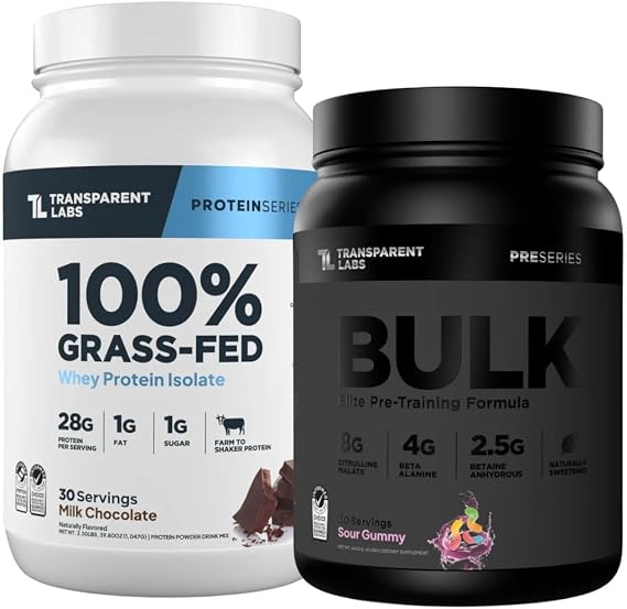 Transparent Labs Bulk Black Pre-Workout (30 Servings, Sour Gummy) & Grass-Fed Whey Protein Isolate (30 Servings, Milk Chocolate)