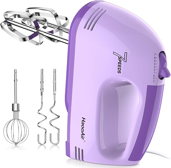 Electric Kitchen Mixer, Small 7-Speed Mixer, Dishwasher-Safe 304 Accessories (1 Whisk, 2 Dough Hooks, 2 Beaters), Mixes various ingredients, for both beginners and bakers(Purple)