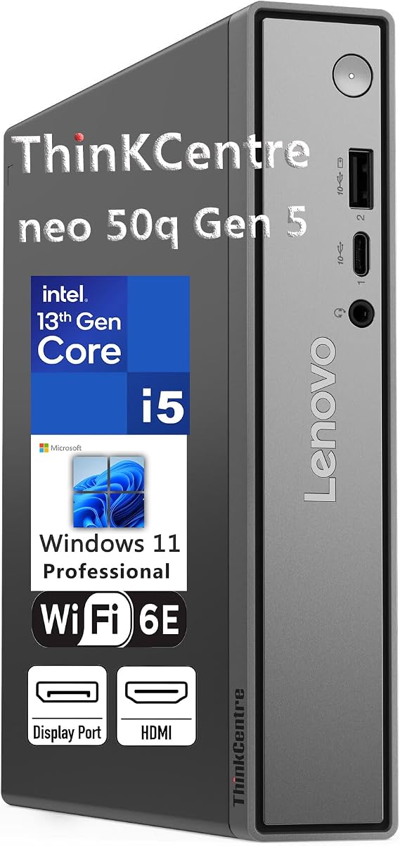 Lenovo ThinkCentre neo 50q Gen 5 1L Mini Desktop, Intel Core 5 210H 8-Core | 8GB DDR5, 256GB SSD, Wi-Fi 6E, Windows 11 Pro, Ultra-compact 1L desktop with dual display support, and enterprise security