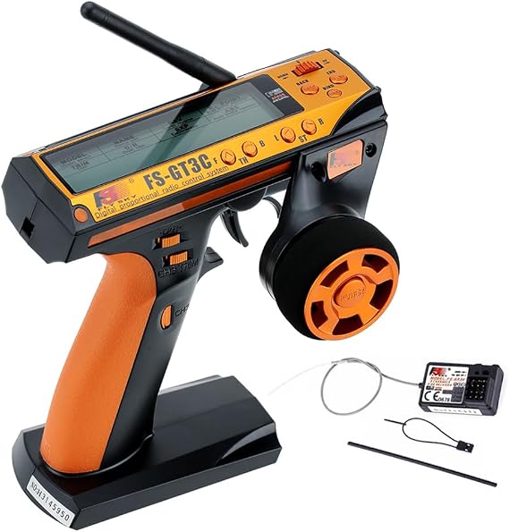 Flysky FS-GT3C RC Transmitter with FS-GR3E Receiver, 2.4GHz 3 Channel LCD Remote Controller and Receiver for RC Car Boat (Orange)