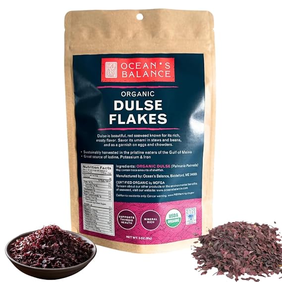 Ocean's Balance Organic Dulse Flakes Atlantic Dulse Organic Flakes for Keto, Paleo Diet, Vegetarian & Vegan Diets Dried Vegetable Gluten Free Products (3oz/Bag)