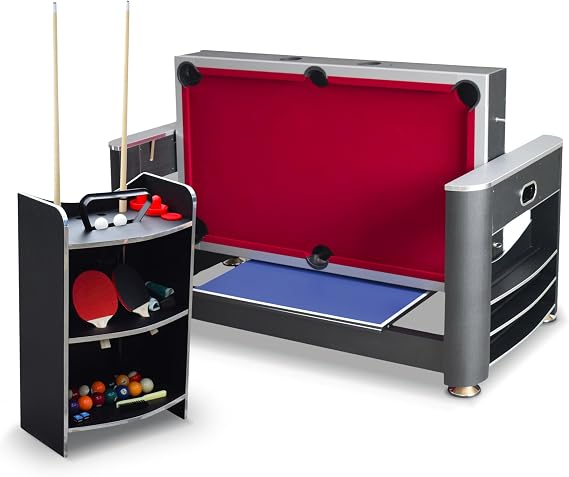 Hathaway Triple Threat Multi Game Table Space-Saving Rotating Playfield for 6ft Pool Table, Air Hockey Table, Table Tennis - 3 in 1 Game Table with Complete Accessories & Display Rack