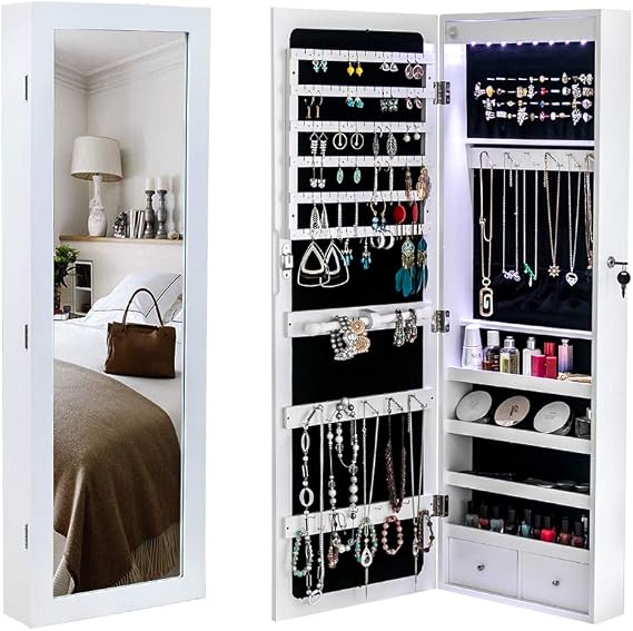 Jewelry Armoire with LED Lighted Mirror,Non Full Mirror Wooden Wall Mounted 4-Layer Shelf, 2 Drawers, 8 Blue LED Lights, Jewelry Storage Mirror Cabinet - White