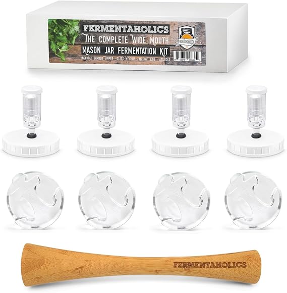 Mason Jar Fermentation Kit | Wide mouth Jar Lacto-Fermentation Pickling Kit |Includes 4 Fermentation Lids, 4 Fermentation Glass Weights, Vegetable Tamper, Wet Erase Glass Marker