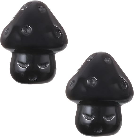 Rockcloud Pack of 2 Healing Crystal Mushroom Figurine Mini Collectible Statue Ornament Garden Lawn Decoration Pocket Stone for Home Office Decoration, Obsidian