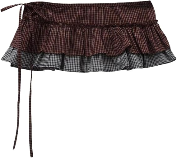 Layering Plaid Wrap Skirt Y2k Whimsy Twee Ruffle Micro Mini Skirts Belt Harajuku Whimsical Accessories