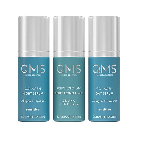 QMS Medicosmetics Day + Night 3-Step Core Routine for Sensitive Skin Includes Collagen Day Serum, Collagen Night Serum + 7% AHA Exfoliant Resurfacing Liquid Reduces Signs of Aging