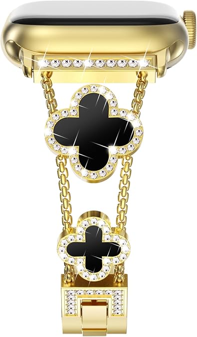 NewWays for Apple Watch Band Series 11 10 46mm 42mm Series 9/8/7 41mm 45mm Series 6/5/4 40mm 44mm Series 3 42mm 38mm Women, Sparkling Bling Diamonds Four Leaf Clover Bracelet for iWatch
