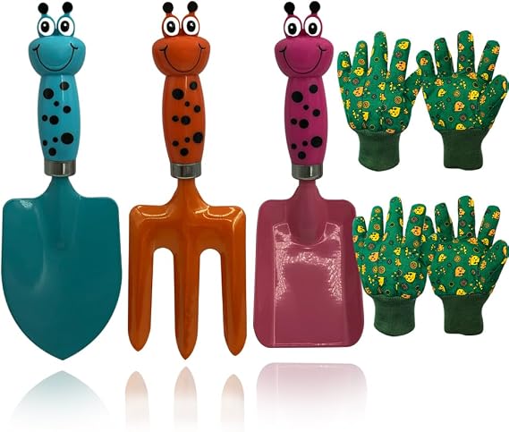 Kids Gardening Tools Gloves Set: 3 Cute Shovel Spade for Kid Garden Work with 2 Toddler Gloves for Teen Boy Girls