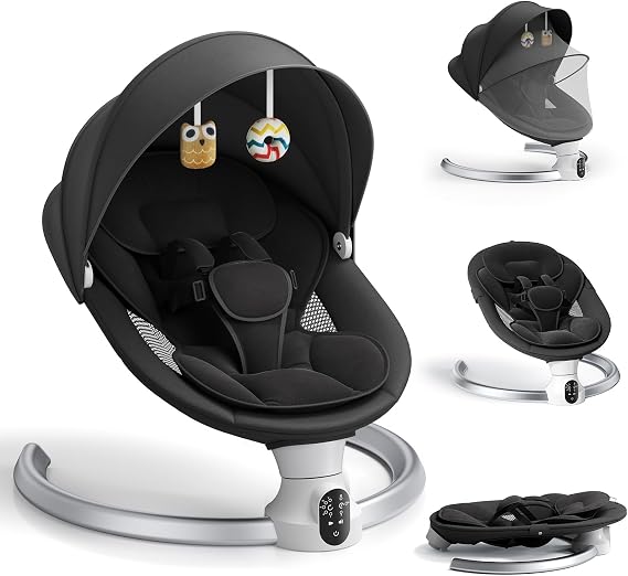 Electric Baby Swing, Bluetooth Baby Swing with App & Remote Control, 5 Swing Angles & 3 Timer Settings, Portable Newborn Swing with USB Power, Ergonomic Baby Bouncer for 0-6 Months (0-20 lbs) - Black