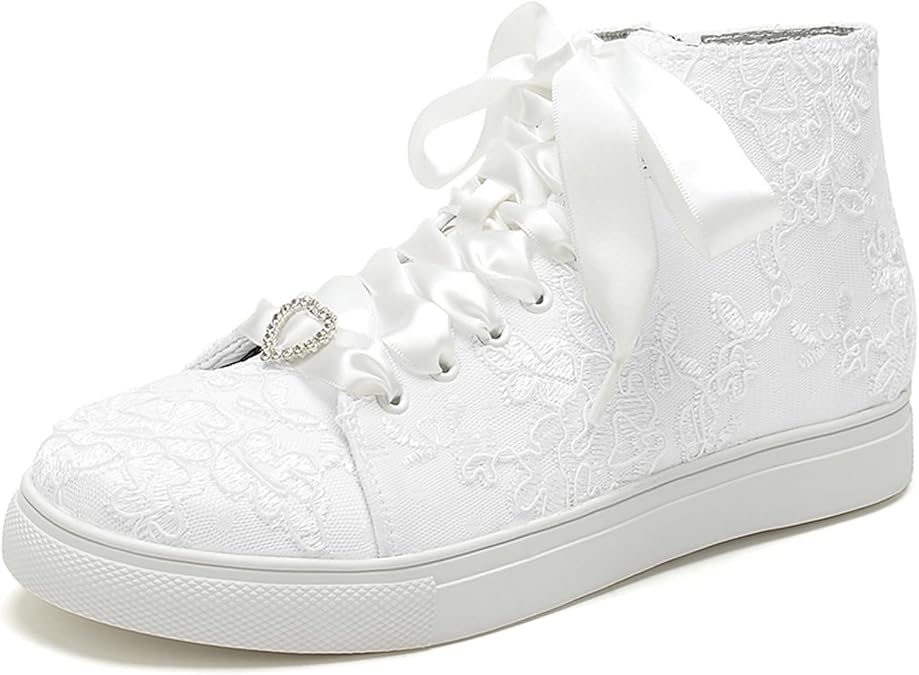 580-01LS Women's High Top Wedding Shoes Bridal Sneakers Flats Bride Tennis Shoes Cutout Lace Sneakers Casual Walking Shoes