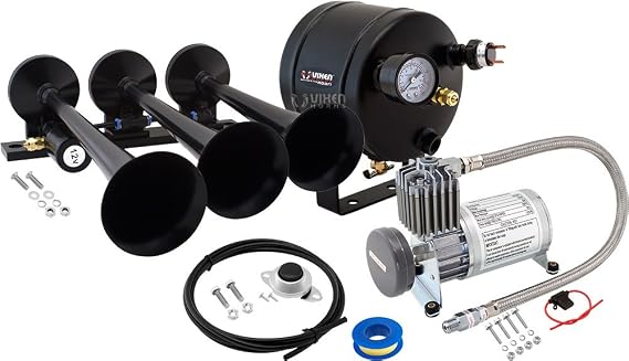 Vixen Horns Train Horn Kit, 3 Trumpets, 150 PSI Compressor, 0.5 Gallon Tank All-in-One Onboard Air Horn Kit, Super Loud dB, Fits 12V Vehicles Like Truck, Car, Semi, Pickup, SUV, Jeep VXO8805/3118B
